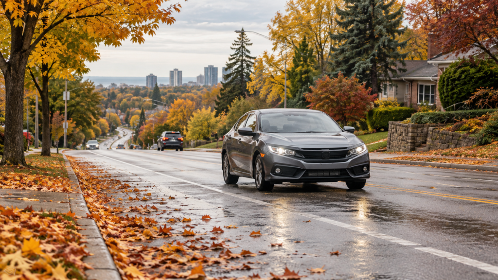 Compact car driving on a wet leaf-lined Scarborough street in autumn