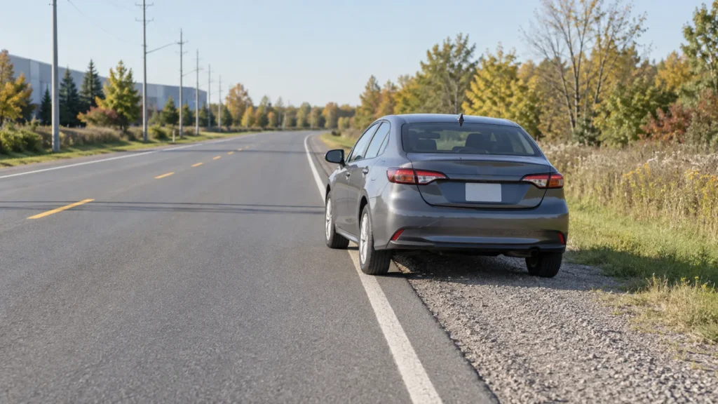 A car holding steady with its right wheels on a gravel shoulder beside a Scarborough road