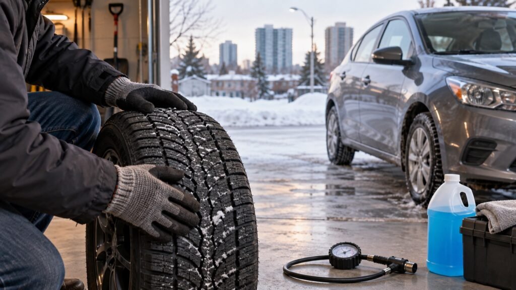 Winter tire, pressure gauge and washer fluid beside a car in Scarborough