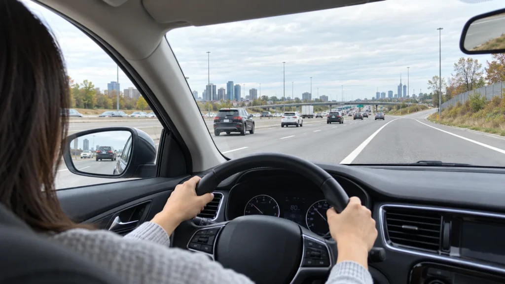 Learner driver matching highway speed before a safe lane change during Ontario G road test preparation