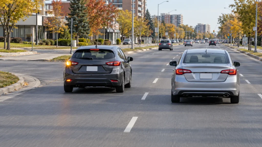 Two cars using separate lanes safely on a multi-lane Scarborough road