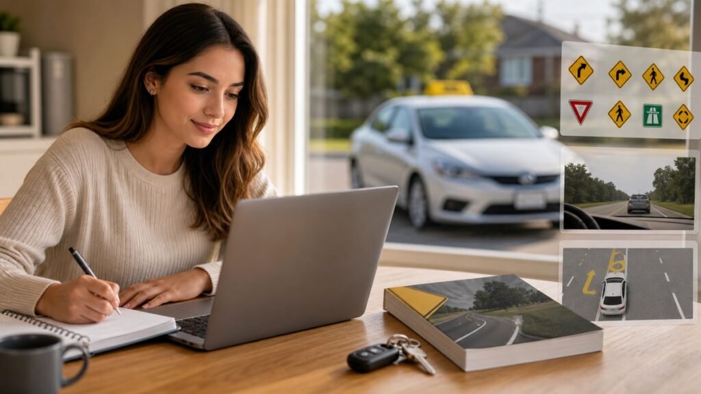 Ontario driving student studying road signs and online driver education material at home