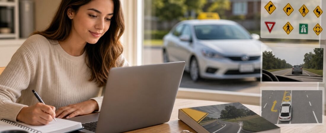 Ontario driving student studying road signs and online driver education material at home