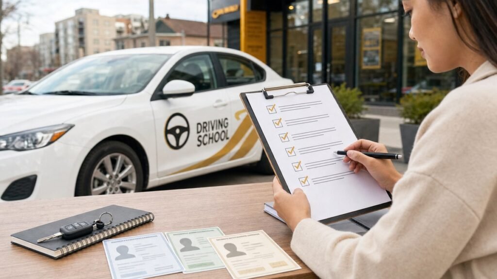 Learner comparing driving school options beside a training car in Scarborough