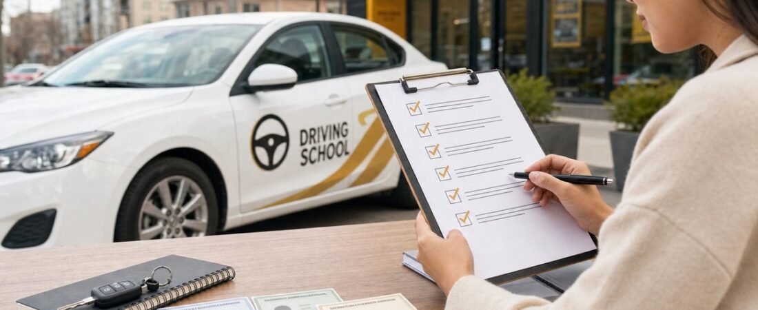 Learner comparing driving school options beside a training car in Scarborough
