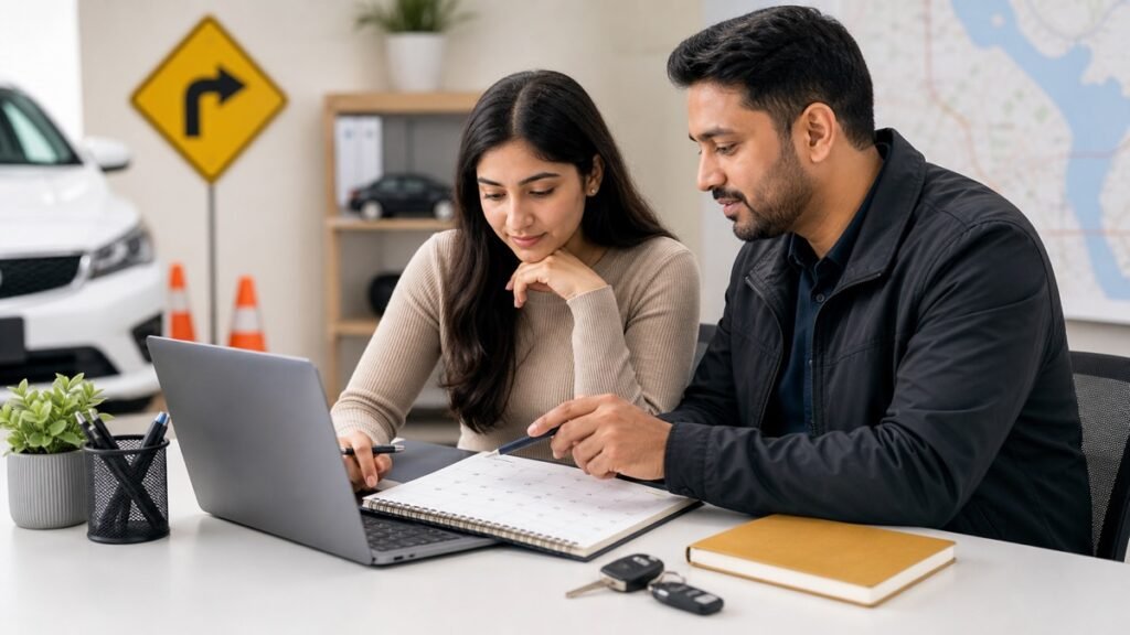 Driving instructor helping a student plan an Ontario road test booking on a laptop