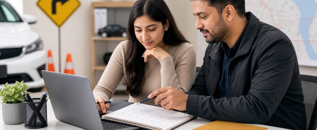 Driving instructor helping a student plan an Ontario road test booking on a laptop