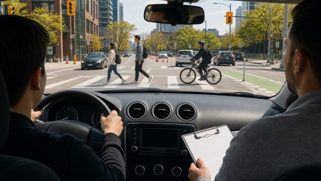 Student driver approaching a GTA intersection with pedestrians and a cyclist while an instructor observes