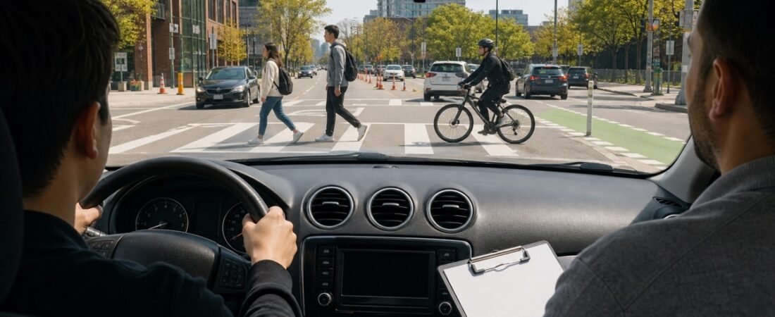 Student driver approaching a GTA intersection with pedestrians and a cyclist while an instructor observes