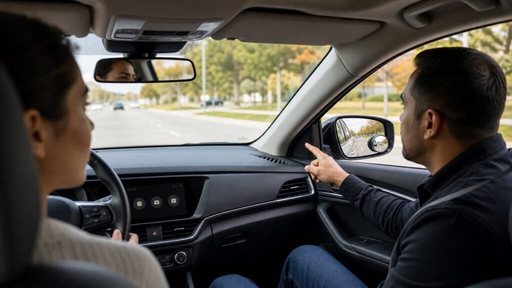 Instructor reminding a student to shoulder check while using mirrors and blind spot technology