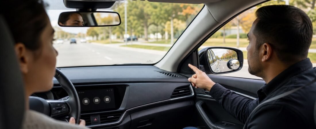 Instructor reminding a student to shoulder check while using mirrors and blind spot technology