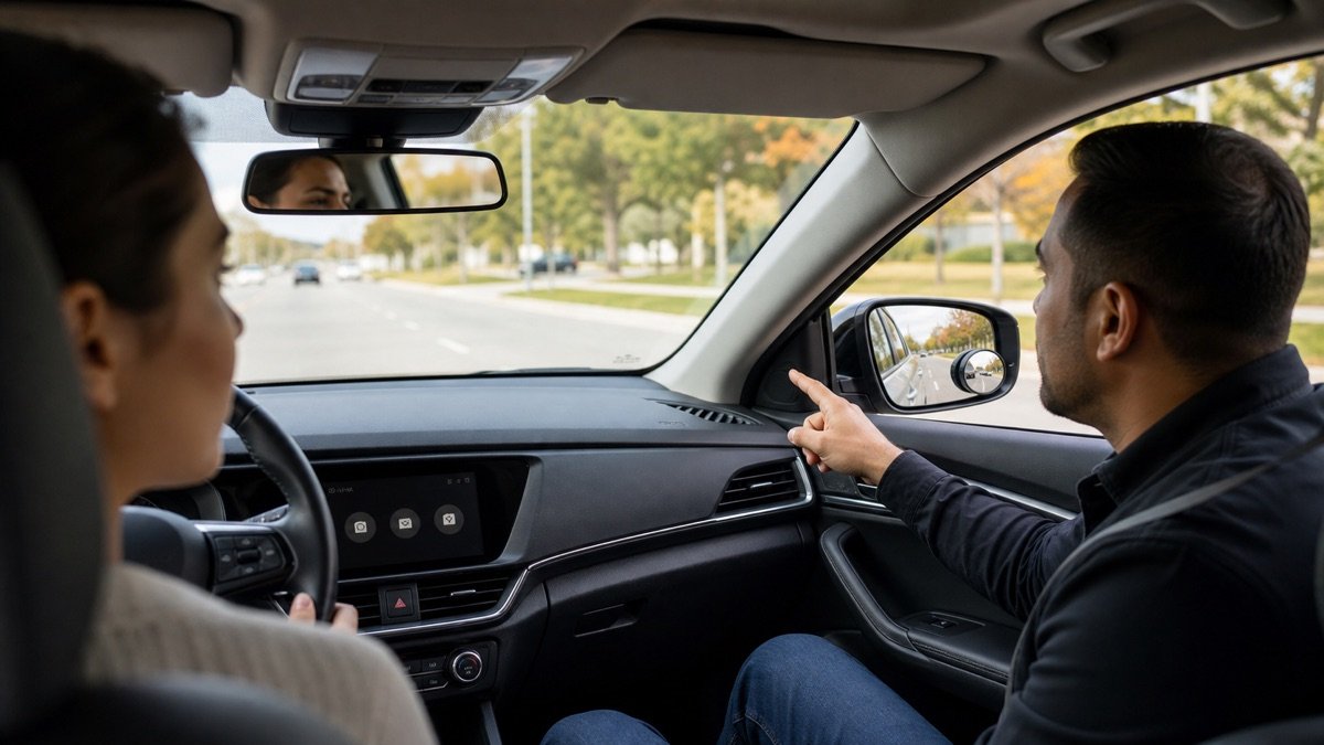 Instructor reminding a student to shoulder check while using mirrors and blind spot technology