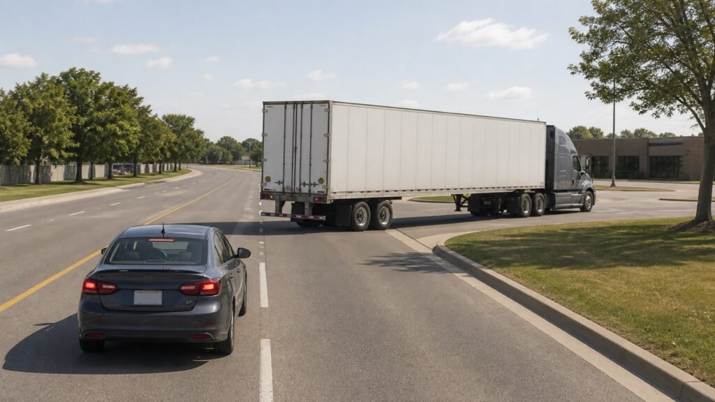 A car waiting safely behind a tractor-trailer making a wide right turn on a Scarborough road