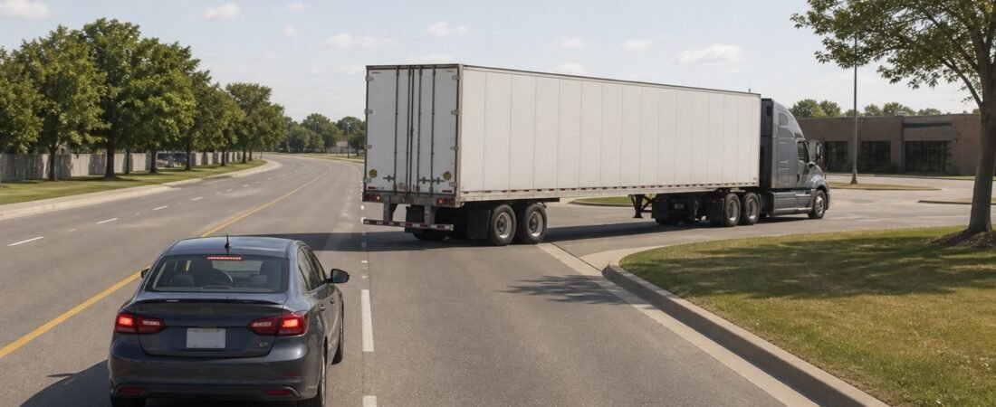 A car waiting safely behind a tractor-trailer making a wide right turn on a Scarborough road