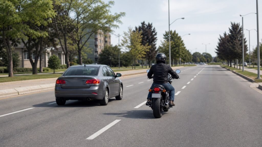 A helmeted motorcyclist and a car travelling safely in separate lanes on a Scarborough road
