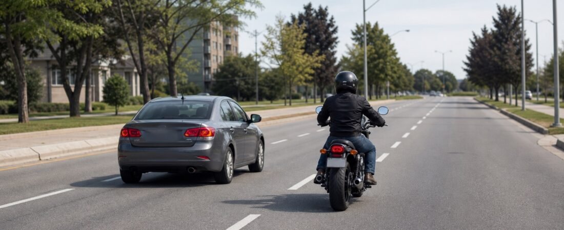 A helmeted motorcyclist and a car travelling safely in separate lanes on a Scarborough road
