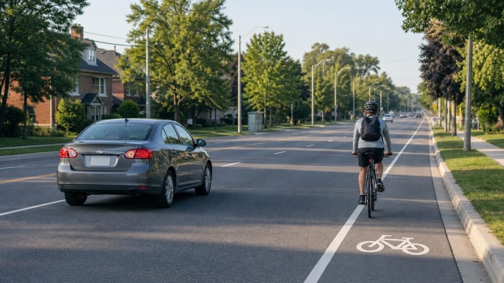 Driver leaving generous space while passing a cyclist in a Scarborough bike lane