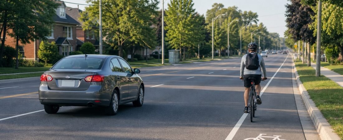 Driver leaving generous space while passing a cyclist in a Scarborough bike lane