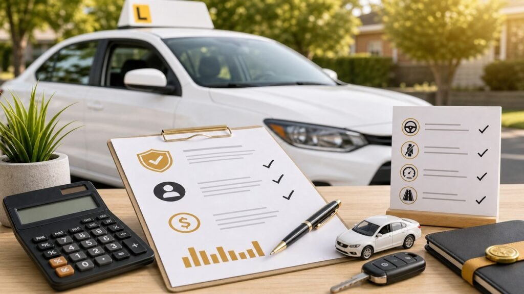 Safe driver insurance savings concept with calculator, car key, and driving school paperwork