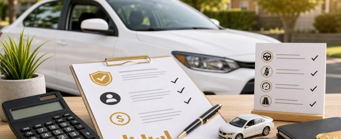 Safe driver insurance savings concept with calculator, car key, and driving school paperwork