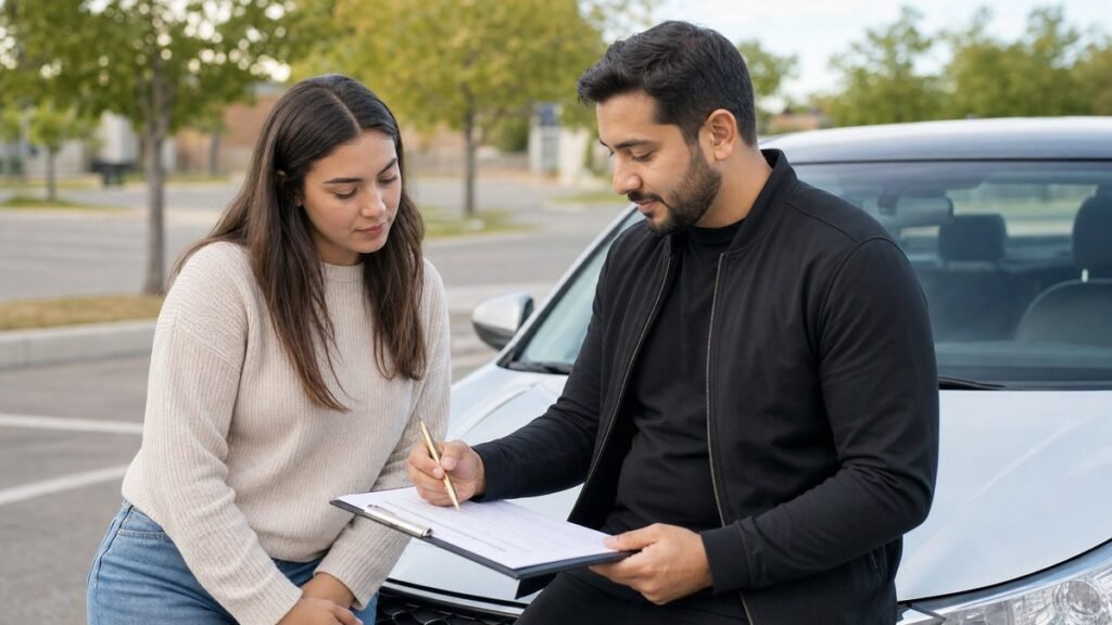 Supportive instructor reviewing a G2 road test feedback sheet with a learner beside a car