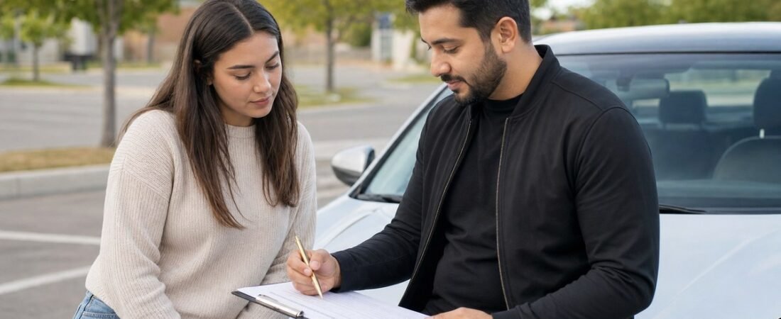Supportive instructor reviewing a G2 road test feedback sheet with a learner beside a car