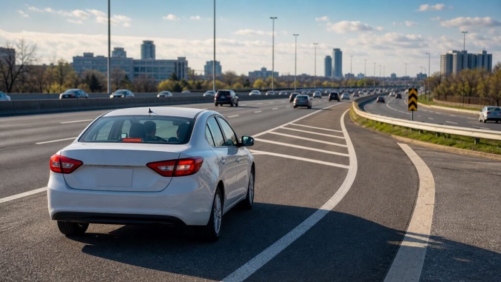 White car merging onto a busy Ontario expressway during full G road test preparation