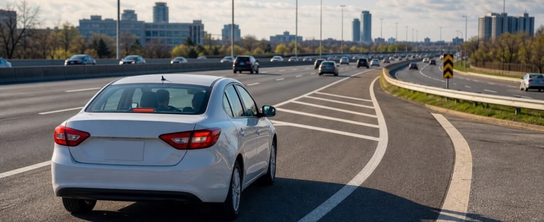 White car merging onto a busy Ontario expressway during full G road test preparation