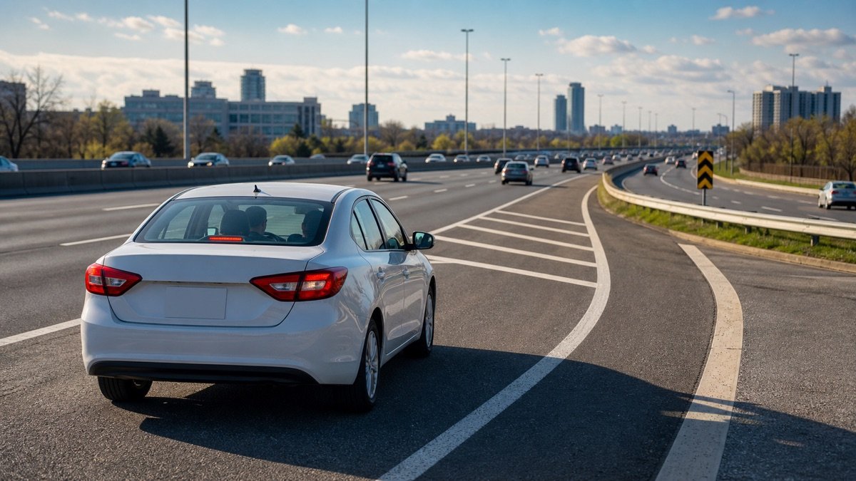 White car merging onto a busy Ontario expressway during full G road test preparation