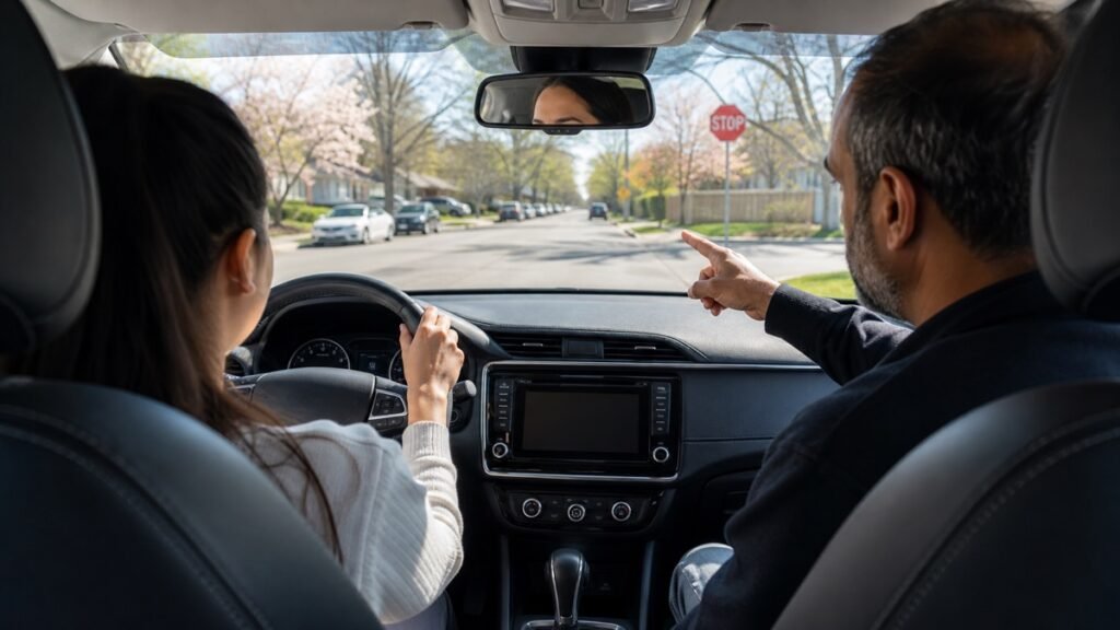 Driving instructor coaching a student through a stop sign on a quiet Scarborough residential street