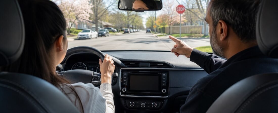 Driving instructor coaching a student through a stop sign on a quiet Scarborough residential street