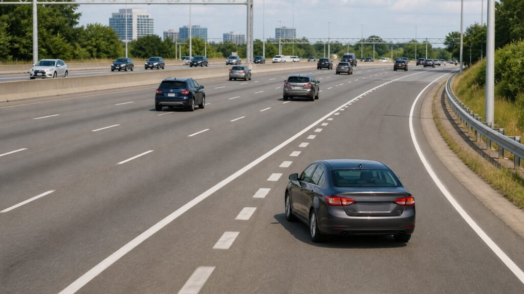 A car using an acceleration lane to merge safely onto a divided Scarborough expressway