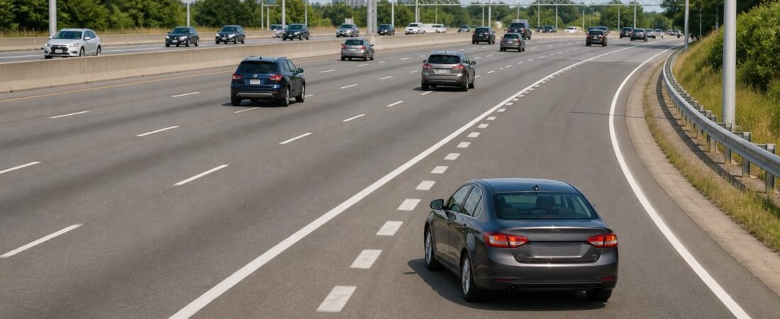 A car using an acceleration lane to merge safely onto a divided Scarborough expressway