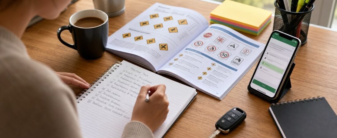 Ontario G1 knowledge test study desk with road signs practice and car key