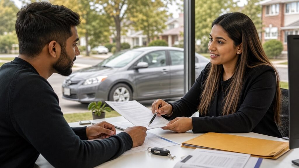 New Ontario driver reviewing licence exchange paperwork with a driving instructor