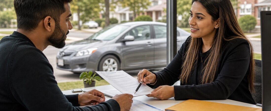 New Ontario driver reviewing licence exchange paperwork with a driving instructor