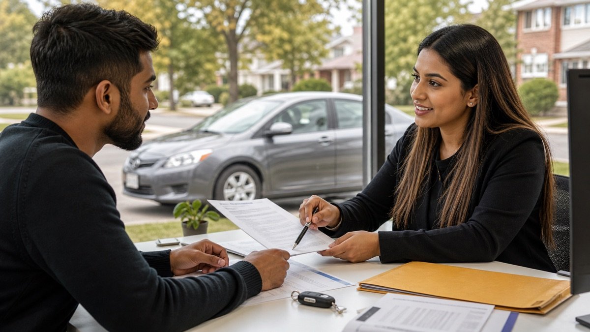 New Ontario driver reviewing licence exchange paperwork with a driving instructor