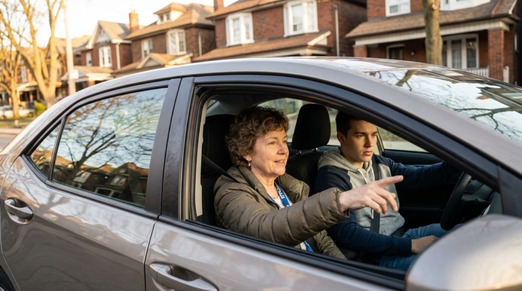 Driving instructor guiding a newcomer student in Ontario — SparkOn Driving Academy