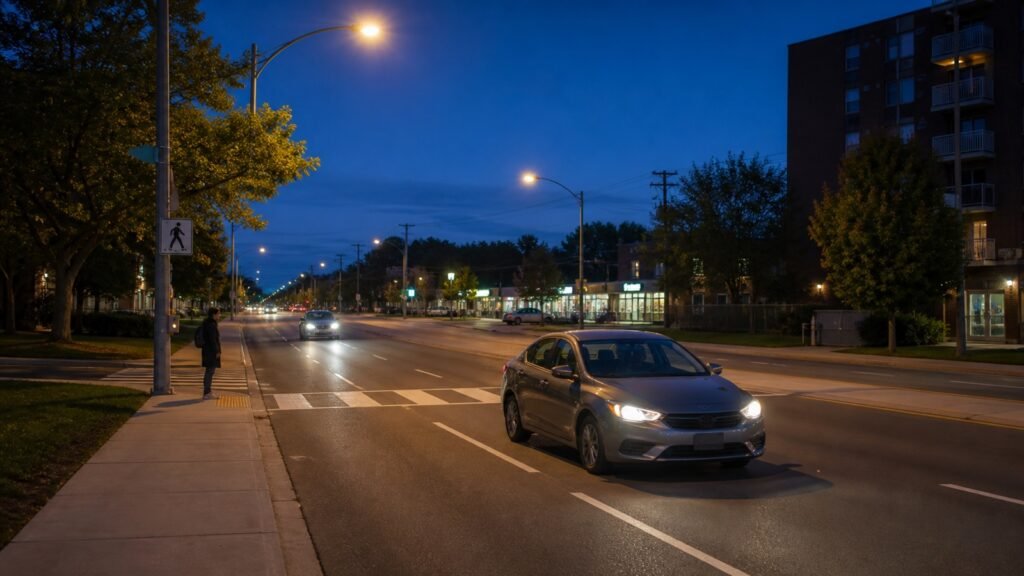 Car using low-beam headlights on a Scarborough road at dusk with a pedestrian waiting safely at a crossing