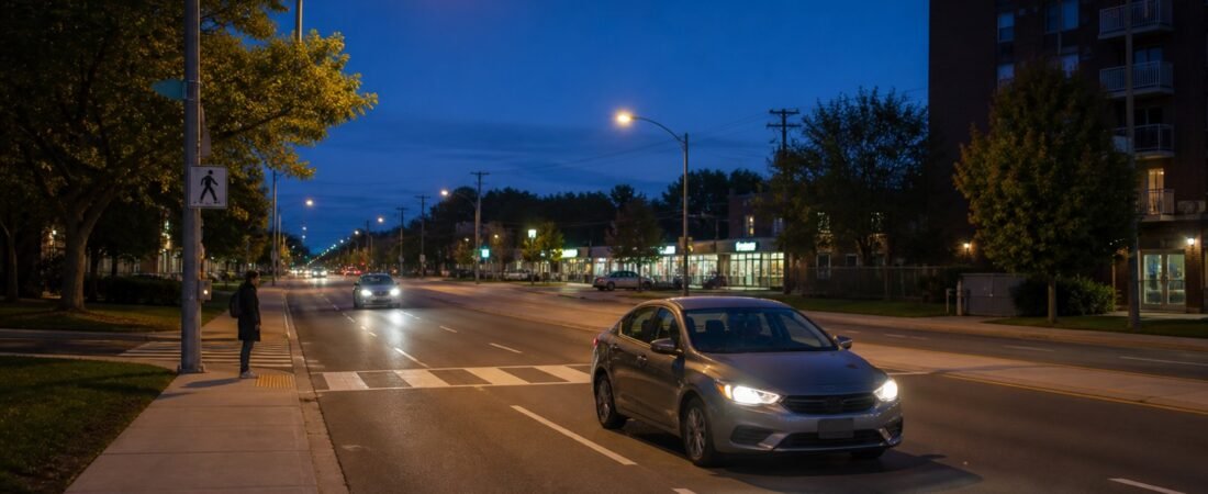 Car using low-beam headlights on a Scarborough road at dusk with a pedestrian waiting safely at a crossing