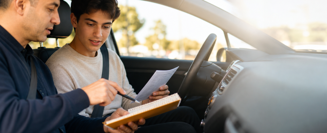Ontario novice driver reviewing licence points and safe driving notes before a lesson