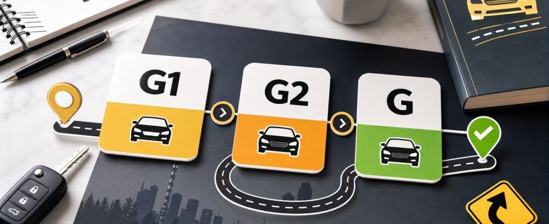 Ontario G1 G2 and G licence timeline visual with car key and road signs