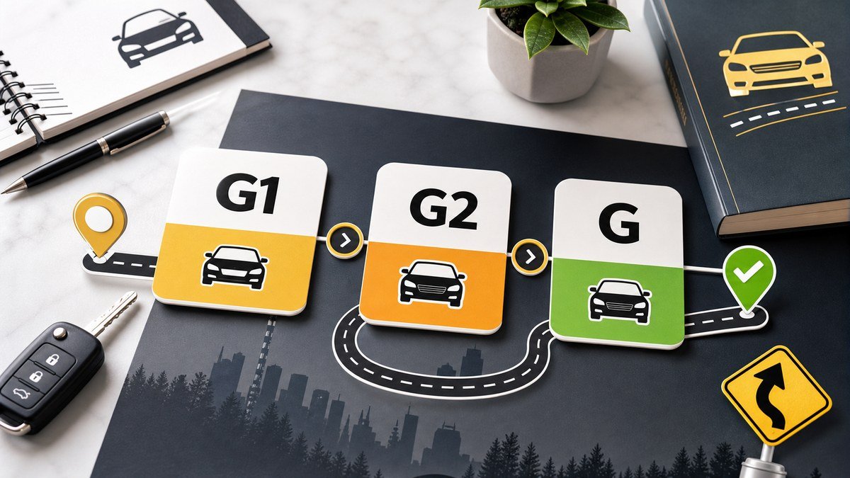 Ontario G1 G2 and G licence timeline visual with car key and road signs
