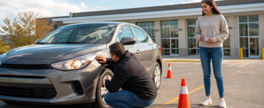 Driving instructor checking brake lights and signals before an Ontario road test