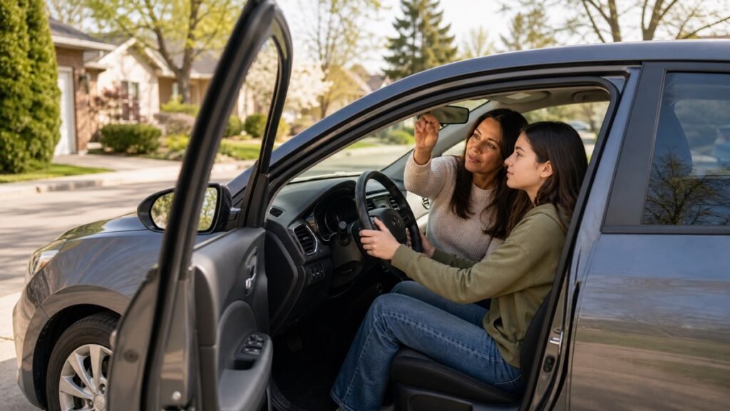 Parent helping a teen learner driver adjust mirrors before a supervised Ontario practice drive
