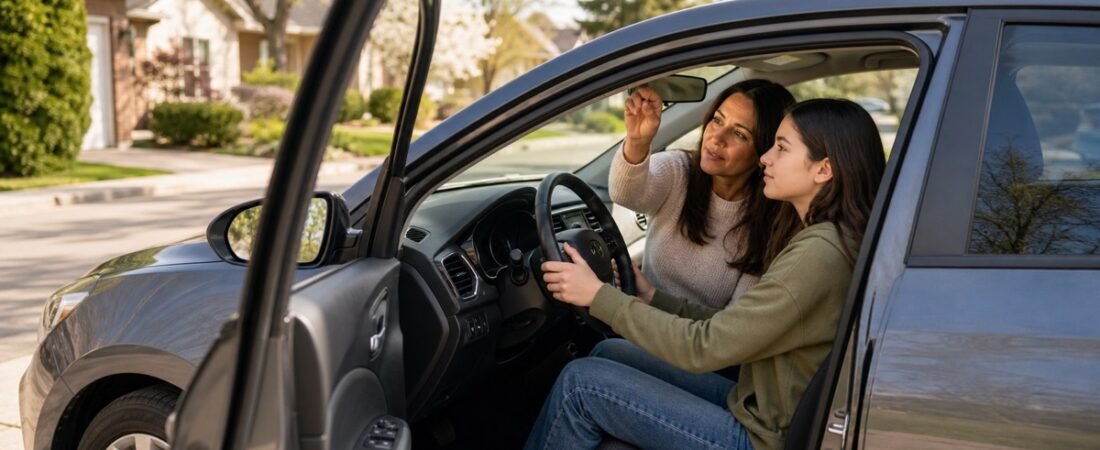 Parent helping a teen learner driver adjust mirrors before a supervised Ontario practice drive
