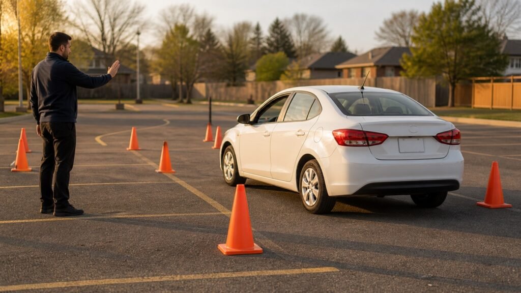 Student car practicing parking maneuvers with cones during an Ontario driving lesson