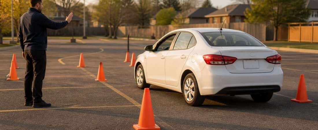 Student car practicing parking maneuvers with cones during an Ontario driving lesson