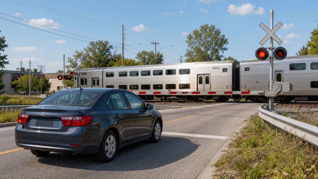 Driver stopped safely before a lowered railway gate while a train passes in Scarborough