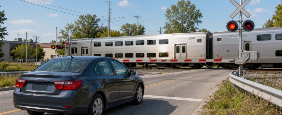Driver stopped safely before a lowered railway gate while a train passes in Scarborough